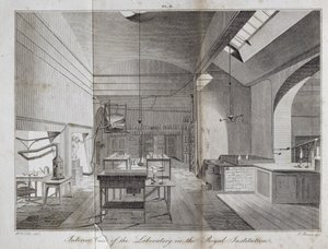Vista Interior del Laboratorio en La Real Institución, grabado por James Basire (1796-1869) de A Manual of Chemistry de William Thomas Brande, publicado en 1819 de William Tite